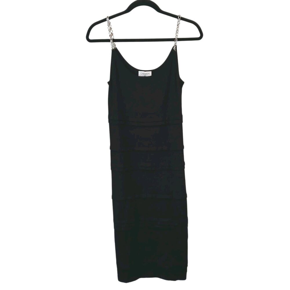 NEW Carmen Marc Valvo Black Midi Dress Chain Gem Stone Straps Medium Stretch